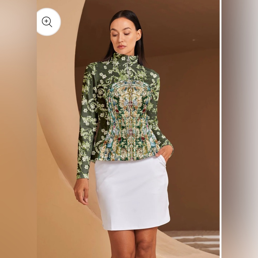 NWT ACEGOLFS Bold Baroque Green Floral Ruffle Golf Jacket UPF Sun Protection Sm